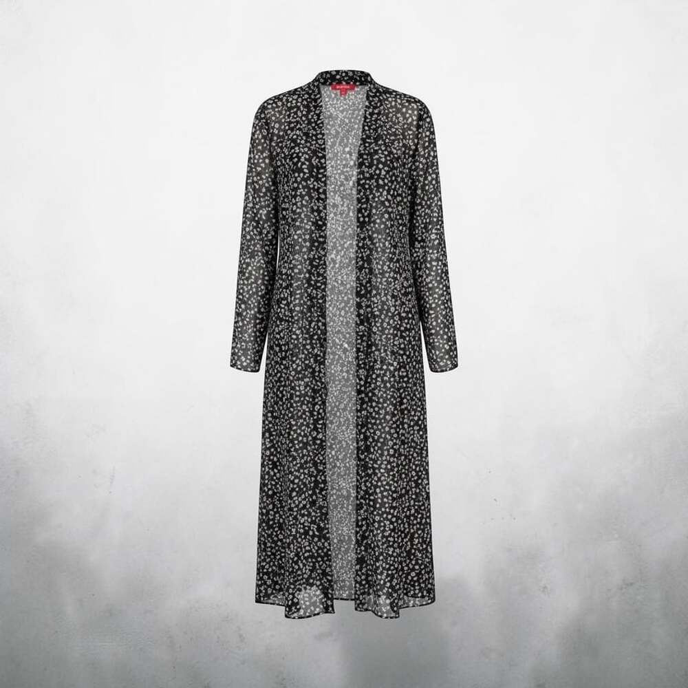 Guess Cardigan Size M/L Black Animal Print Maxi Duster Sheer Open Front Jacket